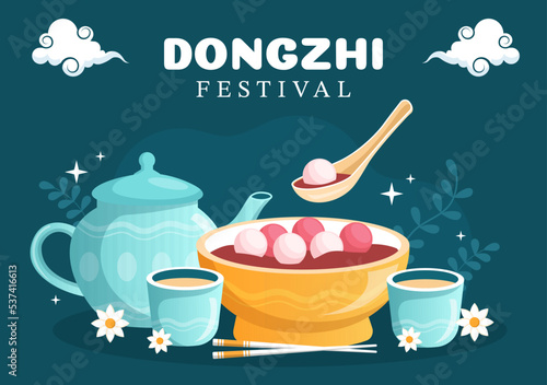 Dongzhi or Winter Solstice Festival Template Hand Drawn Cartoon Flat Illustration with Family Enjoying Chinese Food Tangyuan and Jiaozi Concept