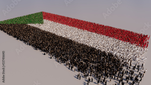 A Crowd of People gathering to form the Flag of Sudan. Sudanese Banner on White. photo