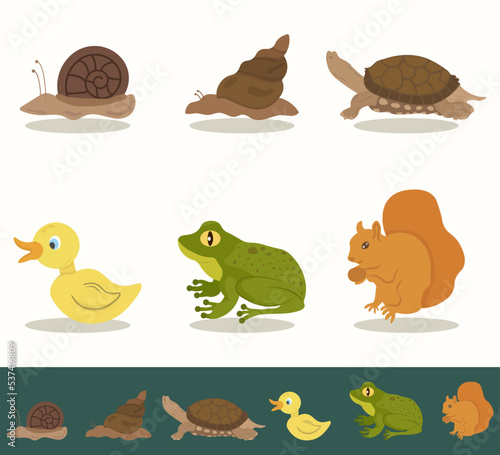 Cartoon animals set in database style on white background. Vector illustration. Collection of cute cartoon animals  squirrel  duck  frog  turtle and many more.