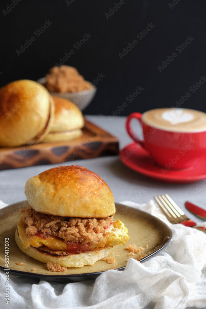 Delicious healthy homemade pastry meal. Chicken Meat Floss Egg Sandwich. Great for breakfast, brunch or lunch