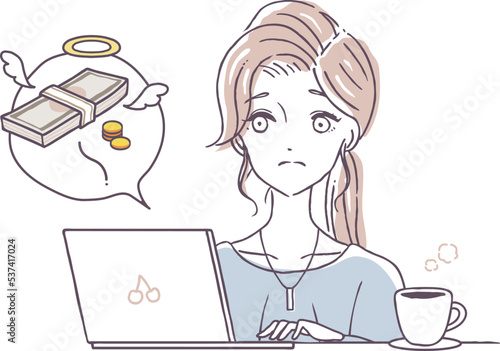 投資　失敗　金欠　パソコン　インターネット　悲しむ女の人　イラスト素材