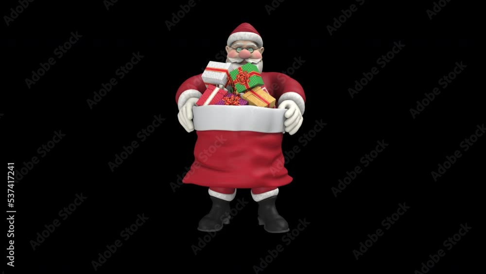 Drunken Santa Claus with gifts - 3d render looped with alpha channel. Drunken Santa Claus with gifts - 3d render looped with alpha channel.