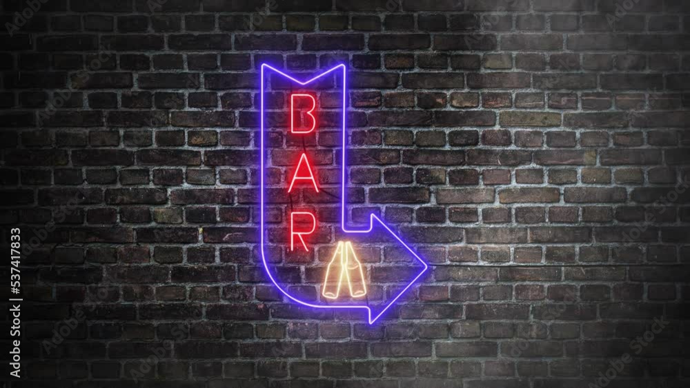 Red bar signboard with blue arrow neon real signboard on bricks wall