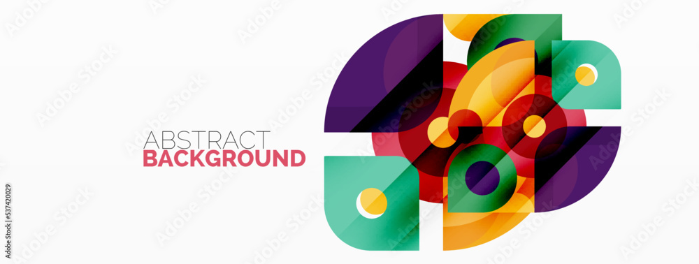 Colorful round shapes, circles and triangles background. Minimal geometric template for wallpaper, banner, presentation