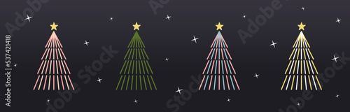 A various set of cute neon light Christmas tree with lovely decoration flat vector illustration isolated from background. Merry Christmas and Happy New Year.