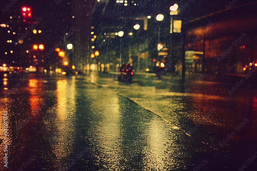 Rainy night city with street lights reflections 03