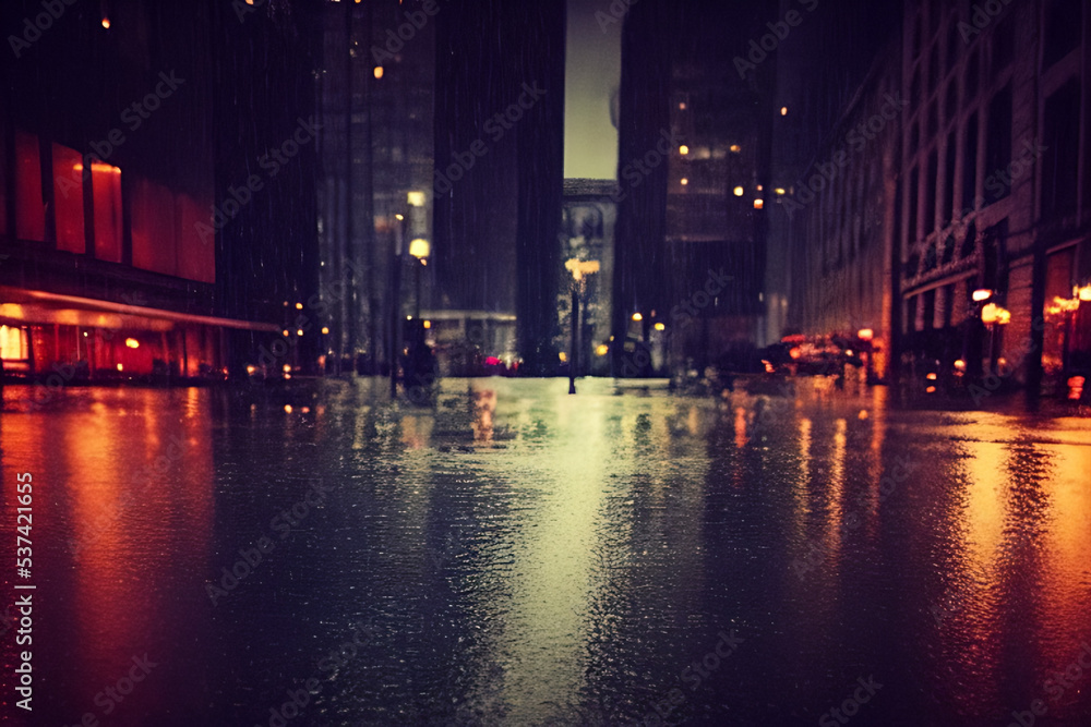 Rainy night city with street lights reflections 06