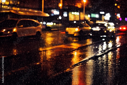 Rainy night city with street lights reflections 07