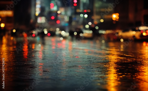 Rainy night city with street lights reflections 09