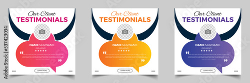 Client testimonial social media post design. Customer service feedback review social media post template with color variations