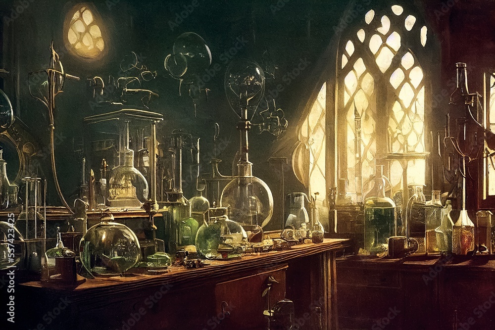 Alchemist office with laboratory fixtures, digital art Stock Illustration |  Adobe Stock