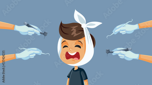 Little Boy Suffering a Toothache Getting Treatment Vector Cartoon Illustration. Unhappy little child suffering inflammation from tooth infection
