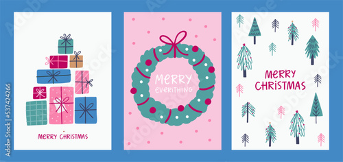 Merry Christmas cards set in flat style. Funny vector card or poster for winter holidays and new year party.