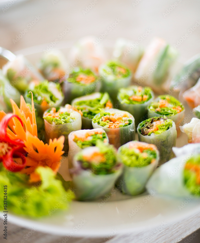 Close up view of delicious Vietnamese fresh spring rolls