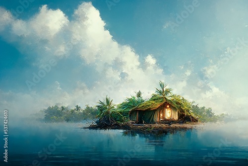 Exotic landscape of a tropical island with a hut, maldives, beautiful view, digital art photo