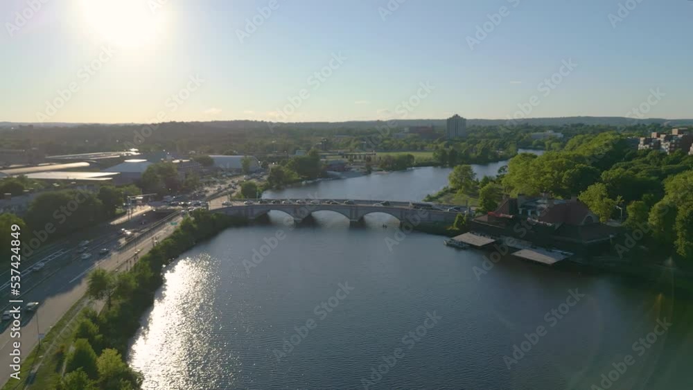 Aerial view of Cambridge and Anderson Memorial Bridge leading to Weld Boathouse, Harvard on Charles River, Cambridge, Boston, Massachusetts, USA Aerial view of Cambridge and Anderson Memorial Bridge leading to Weld Boathouse, Harvard on Charles River, Cambridge, Boston, Massachusetts, USA