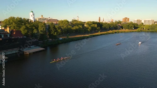 Aerial view of Cambridge and Anderson Memorial Bridge leading to Weld Boathouse, Harvard on Charles River, Cambridge, Boston, Massachusetts, USA