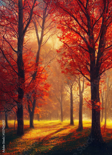 Beautiful autumn landscape  sunny day  magnificent  dreamy path with leaf aside. Cozy Art Landscape Illustration. For Web  Game  Advertise  Novel  movie  Scene.