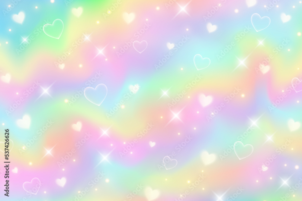 Rainbow unicorn background. Girlie princess sky with stars, hearts and sparkles. Gradient holographic fantasy backdrop. Vector abstract iridescent texture.