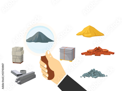 Here is a building material heaps set. Bricks, sand, wooden planks, concrete mixer is being searched. Construction materials vector illustrations can be used for construction sites, works, industry.