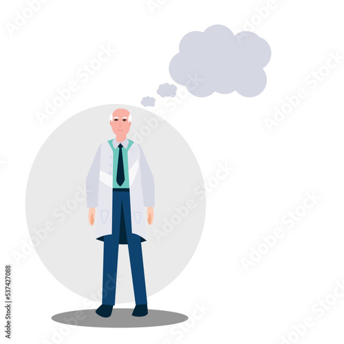 Thoughtful scientist is thinking and a thought bubble over his head. Thinking bubble over head of a doctor and a scientist with cloud bubble. Bald headed person is standing wearing an apron and tie.