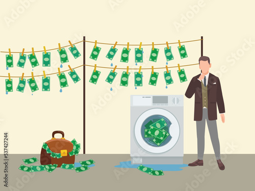 This image is for Money laundering and anti money laundering. Here a person is laundering money with washing machine. USA dollar is laundering to convert black currency into white and legal money.