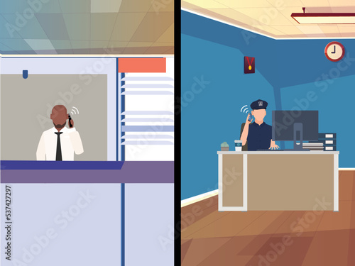 Bank manager calling police in robbery attack in Bank. Bank officer and police officer talking in mobile phone. Bank manager in bank and police inspector and officer in police station to call police.