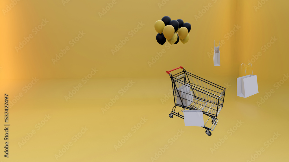 3d rendering, shopping cart yellow background, copy space, shopping and shopping bags 3d rendering, shopping cart yellow background, copy space, shopping and shopping bags