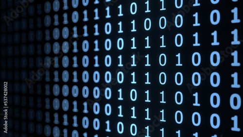 binary code 3d representation blue background, cyberspace computation. Computer science boolean numbers, can be used to represent hacking, database, information security or artificial intelligence. photo