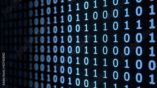binary code 3d representation blue background, cyberspace computation. Computer science boolean numbers, can be used to represent hacking, database, information security or artificial intelligence.