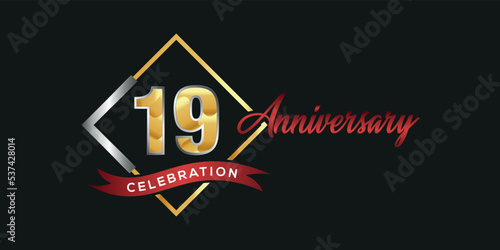 19th anniversary logo with golden and silver box  confetti and red ribbon isolated on elegant black background  vector design for greeting card and invitation card 