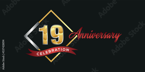 19th anniversary logo with golden and silver box, confetti and red ribbon isolated on elegant black background, vector design for greeting card and invitation card
