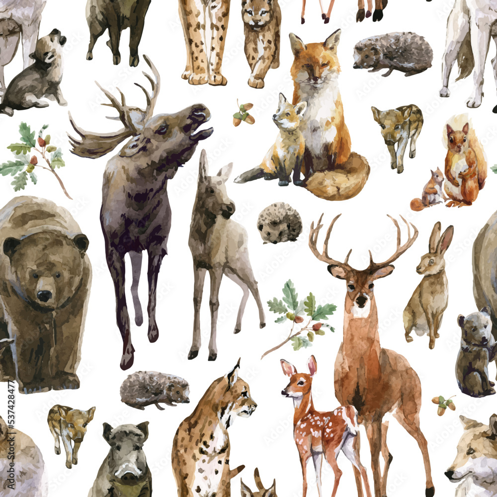 Obraz premium Beautiful vector seamless pattern with watercolor hand drawn forest wild deer elk lynx fox wolf snake rabbit squirrel animals with babies. Stock illustration.