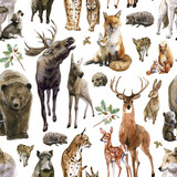 Beautiful vector seamless pattern with watercolor hand drawn forest wild deer elk lynx fox wolf snake rabbit squirrel animals with babies. Stock illustration.