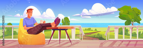 Man rest in bean bag chair on wooden porch or terrace with view to green meadows and sea coast. Lake shore landscape with person relax with cup on house veranda, vector cartoon illustration