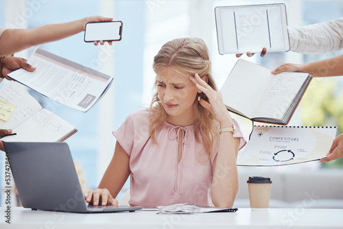 Canvas Print Businesswoman stress, anxiety and burnout in busy office of poor time management, tax audit and company crisis