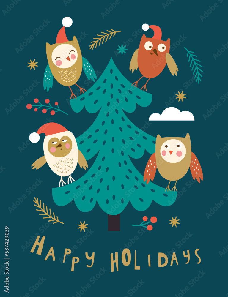 Fototapeta premium Christmas card, Seasons greetings illustration, cute owls on tree