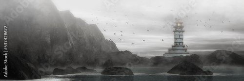 Lighthouse in the fog among the black rocks. Dramatic seascape. 3d render