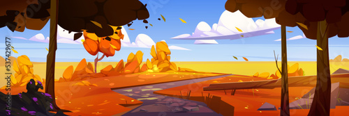 Yellow autumn landscape, cartoon vector illustration. Beautiful natural landscape with rural road running through wide field, wind stripping leaves off trees under blue sunny sky with fluffy clouds