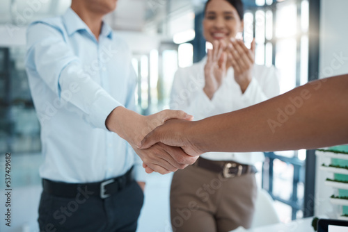 Management shaking hands with applause of meeting, consulting and hiring agreement of deal, partnership or office onboarding. Business people welcome handshake, hr promotion opportunity and b2b sales