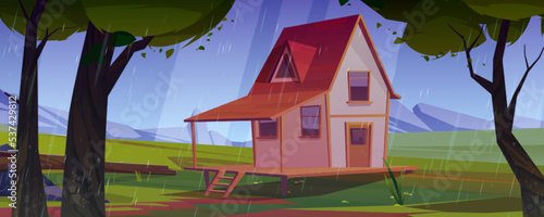 Rural house under rain in green summer valley with mountains on horizon. Cartoon vector illustration of nice cottage surrounded by tall trees and grassland under gloomy sky rainfall. Game background