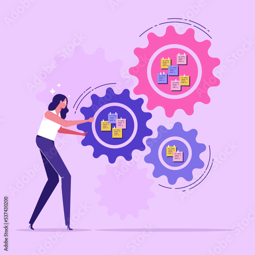 Business action plans, strategies or goals to drive the organization or target audience. Company plan management. Businesswoman spin the cogs or gear to drive action plans