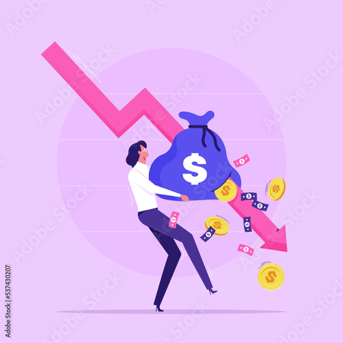 Financial crisis, unexpected stock market drop, money loss, capital devaluation, risk investment, bad economy. Arrow graphs fall down to attack the money bag