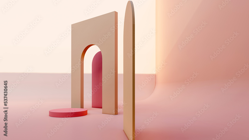 Fototapeta premium 3D render, 3D representation, repodium, product stand. mock up on a pink background texture background