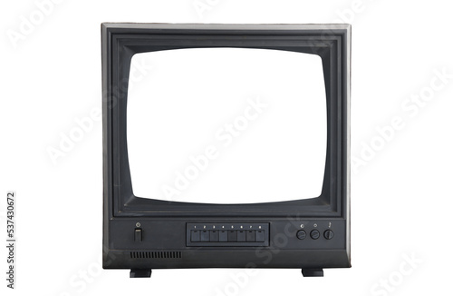 Old TV with white screen isolated on white background. Vintage TVs 1960s 1970s 1980s 1990s 2000s.