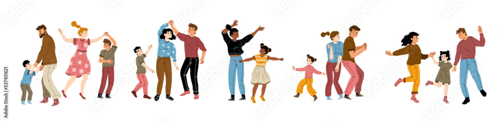 Set of parents dancing with children. Flat vector illustration of families having fun together. Mothers and fathers enjoying music, jumping with kids, celebrating holiday, weekend entertainment Set of parents dancing with children. Flat vector illustration of families having fun together. Mothers and fathers enjoying music, jumping with kids, celebrating holiday, weekend entertainment