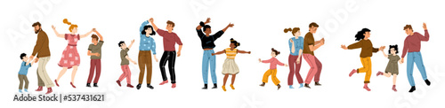 Set of parents dancing with children. Flat vector illustration of families having fun together. Mothers and fathers enjoying music, jumping with kids, celebrating holiday, weekend entertainment