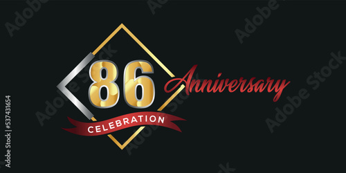 86th anniversary logo with golden and silver box, confetti and red ribbon isolated on elegant black background, vector design for greeting card and invitation card
 photo