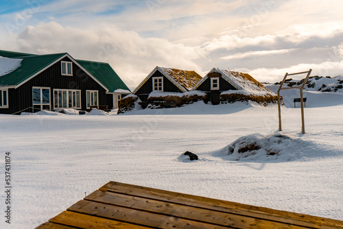 The Maritime Museum at Hellissandur , Small turf houses museum during winter morning at Hellissandur , Northwestern of Snæfellsnes peninsula in Iceland : 16 March 2020 photo