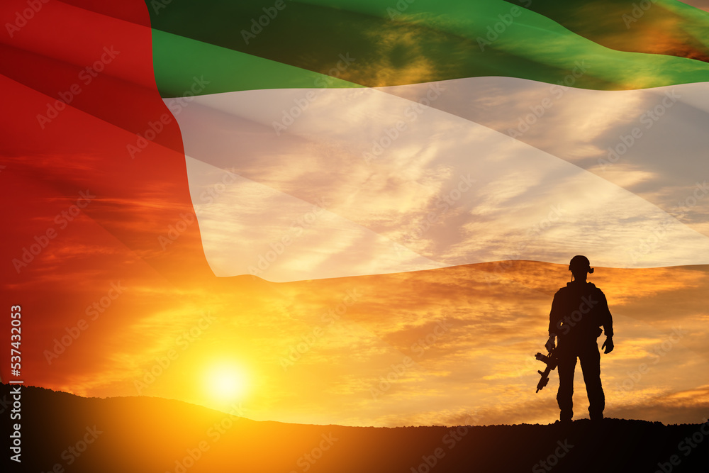 Silhouette of soldier on background of UAE flag and the sunset or the sunrise. Concept of national holidays. Commemoration Day. Silhouette of soldier on background of UAE flag and the sunset or the sunrise. Concept of national holidays. Commemoration Day.